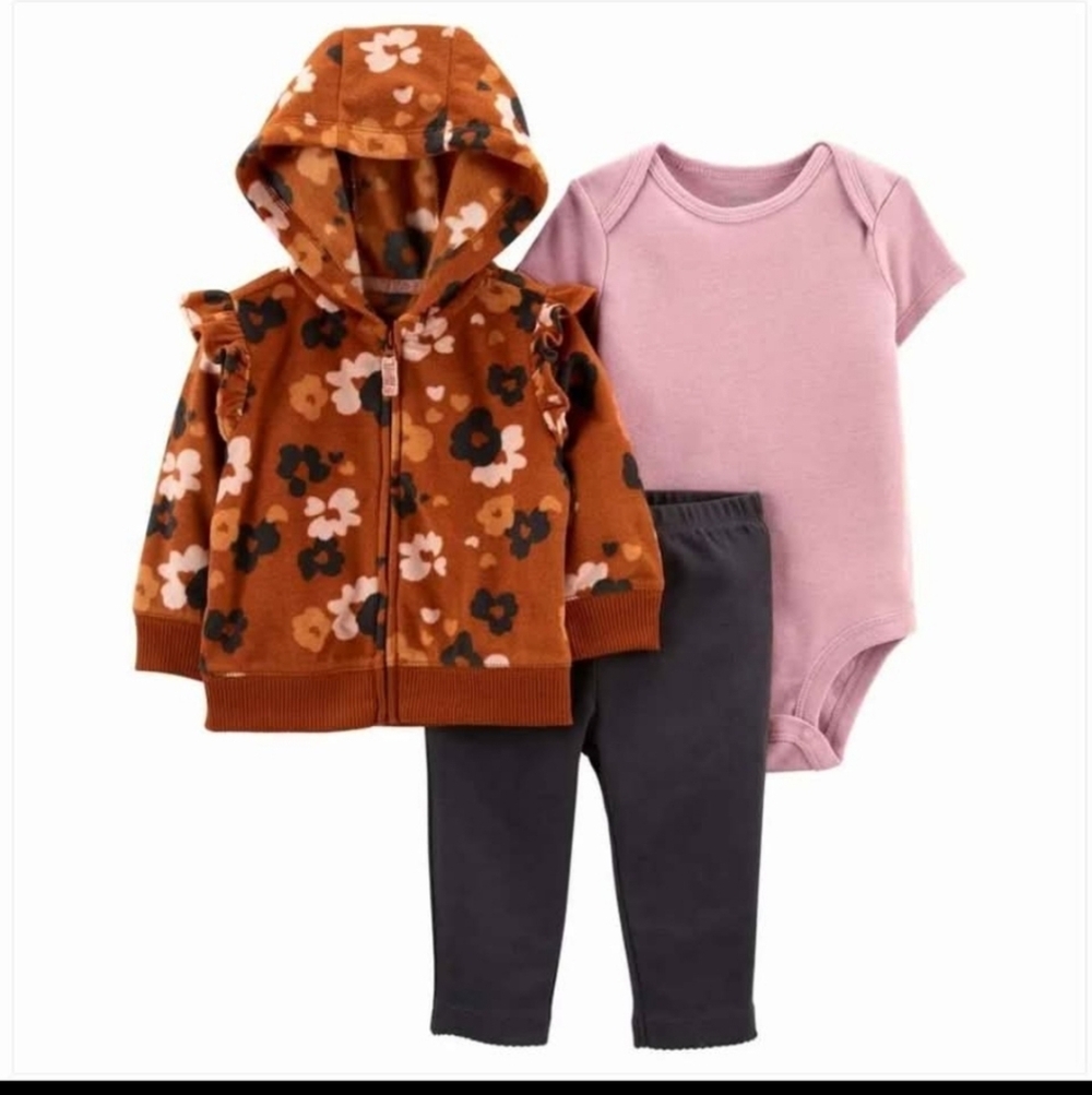 NWT Carter's 3 Pc Brown Floral Fleece Hoodie Outfit Set